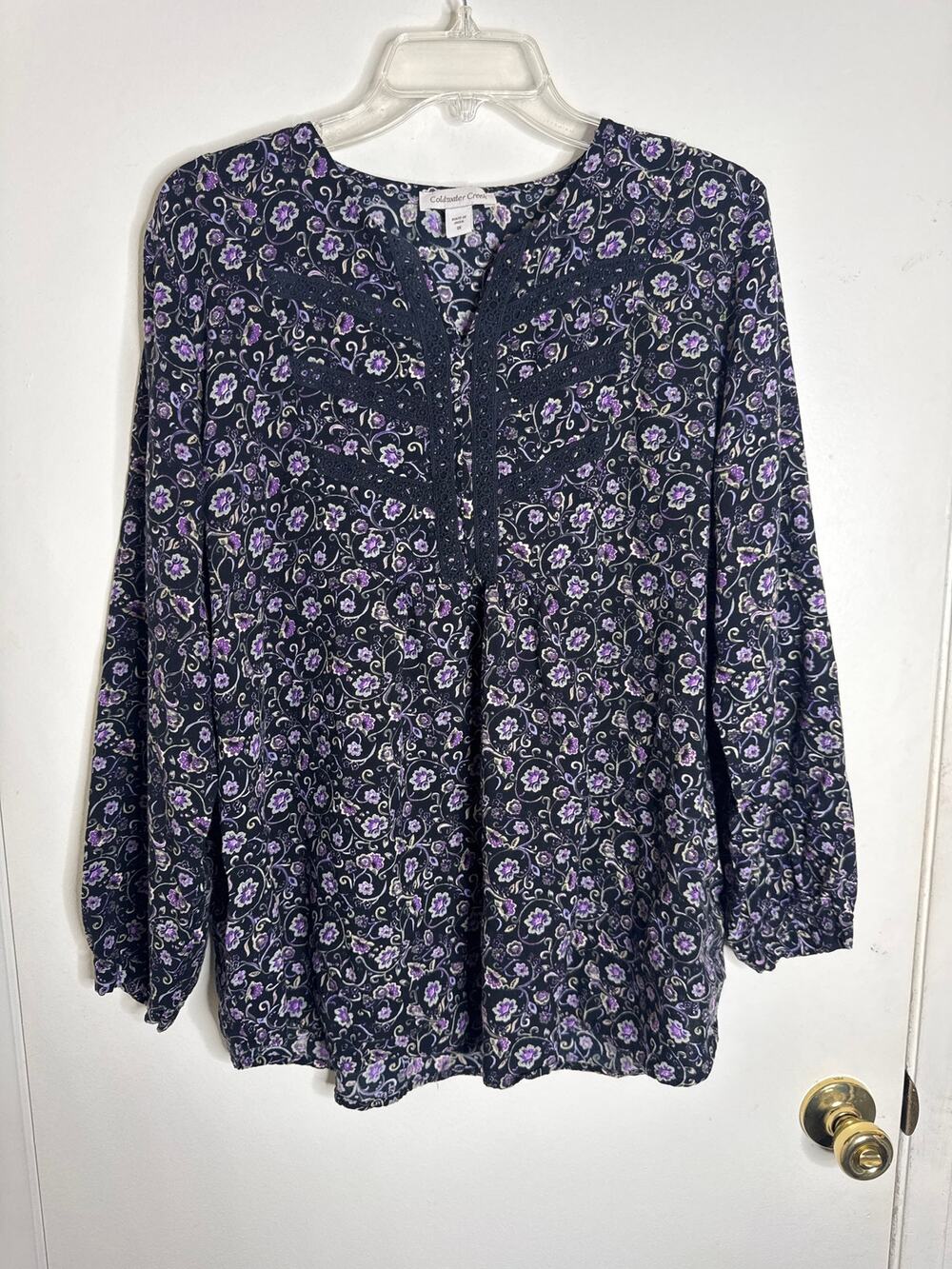 Coldwater Creek Boho Floral Lace Accent Long Sleeve Blouse Top Black Purple 1X